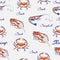 Seamless Seafood pattern on gentle gray backdrop. hand drawn engraved seafood background. vintage sea animals texture