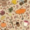 Seamless seasonal autumn vector pattern with theme elements on a neutral background.