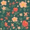 seamless seasonal pattern with orange peach flowers leafs scrapbook textile fabric wrapping paper dark green background
