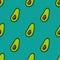 Seamless simple avocado pattern handdraw style on a turquoise background.