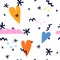 Seamless simple pattern with cartoon hearts, clouds, decor elements. vector. hand drawing abstraction.