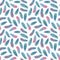 Seamless simple watercolor pattern with pink and turquoise feathers and watercolor splashes on a white background.