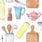 seamless sketch pattern with cartoony kitchenware on white background