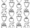 Seamless sketch texture with homemade cacti and succulents in pots with hatching in a row. Decorations for the interior