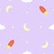 Seamless space background with rocket, crescent moon, clouds, and stars. Flat and minimal design.