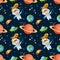 Seamless space pattern with astronaut, Earth, saturn, UFO, rockets and stars