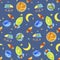 Seamless space pattern.Planets and rockets on a blue background