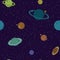 Seamless space pattern. Stars and planets. Dark background, multicolored round planets with rings and without. Little White Stars