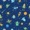 Seamless space robots pattern. Cute robot in space with stars and planets, colourful funny robots cartoon vector