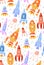 Seamless space texture with outline cartoon spaceships and dots on white background. Vector pattern with contour space shuttle