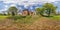 seamless spherical 360 hdri panorama near old abandoned historic palace or homestead in equirectangular projection