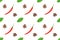 Seamless spice pattern with red chili pepper pods, heaps of cloves, allspice, green leaves on white background