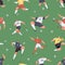 Seamless sports pattern with active football players, kicking soccer balls on grass field. Endless repeatable background