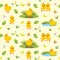 Seamless spring background with flowers, ducklings, chickens and insects