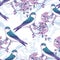 Seamless spring cherry pattern with birds