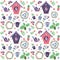 Seamless spring pattern with birds nests and bird houses