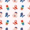 Seamless spring pattern with cute red and blue maritime chubby chicks, butterflies and spring flowers on white background