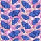 Seamless spring pattern with handmade blue moths embroidered with beads flying over pink blossom, fabric design, wrapping paper