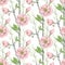 Seamless spring pattern with pink magnolias and green leaves. Delicate flowers in botanical motifs.
