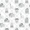 Seamless square lined Christmas pattern with black cottage, house, church on white background