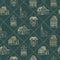 Seamless square lined Christmas pattern with gold cottage, house, church on green background