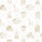 Seamless square lined Christmas pattern with gold cottage, house, church on white background