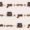 Seamless square pattern with steampunk accessories like old fashioned revolver, hat with aviator glasses and goggles on beige back