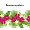 Seamless strip of tropical flowers and leaves. decorative strip of flowers of hibiscus and plumeria, palm leaf, monstera.