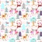 Seamless striped Christmas pattern with winter forest, cute cartoon animals and Santa Claus. Vector illustration