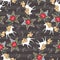Seamless striped pattern with magical white unicorns and red rose flowers on dark gray background in vector. Print for fabric
