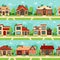 Seamless suburban houses. Panoramic cityscape with house exterior, buildings and town road flat vector background set