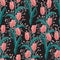 Seamless summer flora pattern with Blooming garden flowers, orange tulip