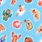 Seamless summer pattern with happy people in pool, floating and swimming on rubber rings. Repeating background with man