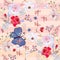 Seamless summer pattern with large blue butterfly , red and pink roses, cosmos and bell flowers on gentle striped background