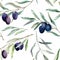 Seamless summer pattern olive branches, ripe fruits, green leaves. Natural garden composition. Hand-drawn watercolor illustration