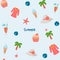Seamless summer pattern with palm, ice cream, ball, hat, star, cocktail. Vector illustration hand drawing