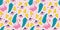 Seamless summer pattern with pink flamingo and tropical leaves and pineapple pieces.Blue leaves and flamingos on a