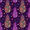 Seamless summer pop art pattern with multicolored pineapples with tribal pattern and dots on violet background. Juicy fruit