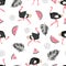 Seamless summer tropical pattern with ostrich, watermelon slices and palm leaves