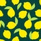 Seamless summer vector pattern with whole yellow lemons with leaves on dark green backdrop. Tropical background in hand