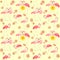 Seamless summery wallpaper with pink flamingo birds, sun and Frangipani flowers for fashion print, wrapping paper