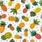 Seamless sunny pineapple pattern. Decorative Pinapple with different textures in warm colors. Exotic fruits background