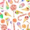 A seamless sweet pattern with the watercolor lollipop, candy cane, ice cream, muffins and other. Painted hand-drawn on a white bac