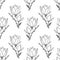 seamless symmetrical pattern of gray graphic magnolia flowers on a white background