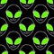 seamless symmetrical white-green pattern with a close-up humanoid face on a black background