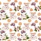 Seamless tea pattern - teacup, chocolate, cookies and flowers. Water color