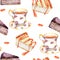 Seamless teatime pattern - tea cup, cakes, chocolate cheese cake. Watercolor