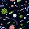 Seamless texture. Bacteria set, a type of virus on a black background. Science of diseases, cartoon vector