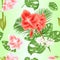 Seamless texture beautiful Amaryllis red and pink tropical flower and  monstera and palm on white background vintage vector