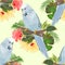 Seamless texture bird Budgerigar, home pet ,blue pet parakeet on a branch bouquet with tropical flowers hibiscus, palm,philodendr